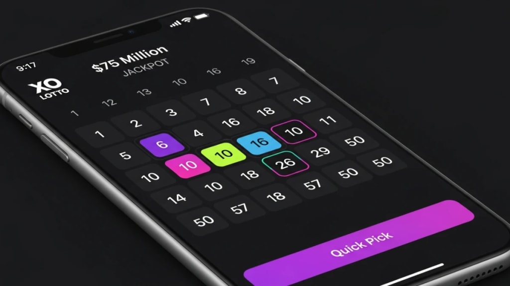 $75 million Lotto Max jackpot number selection screen on XO Lotto mobile app